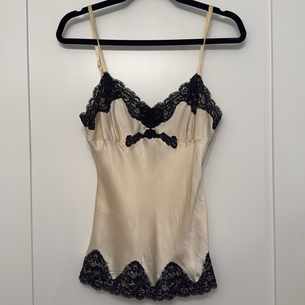 Off-white satin and black lace camisole